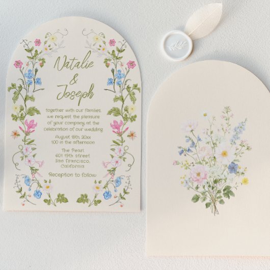 Hand Written Drawn Floral Summer Arched Wedding Einladung