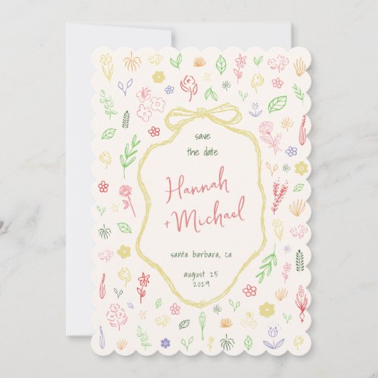 Hand Written Drawn Pastel Flowers Spring Wedding Save The Date (Vorderseite)