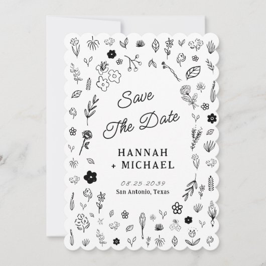 Hand Written Drawn Sketch Flowers Wedding Save The Date (Vorderseite)