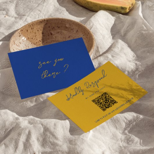 Hand Written Yellow Blue Italian QR Code Wedding RSVP Karte