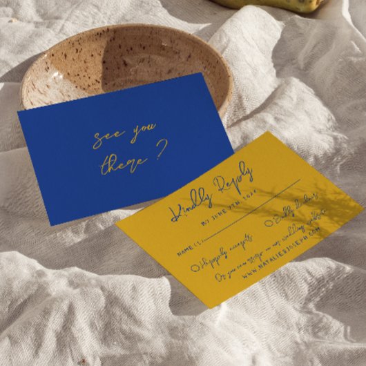 Hand Written Yellow Blue Italian Retro Wedding  RSVP Karte