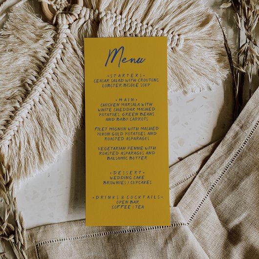 Hand Written Yellow Blue Italian Wedding Menükarte