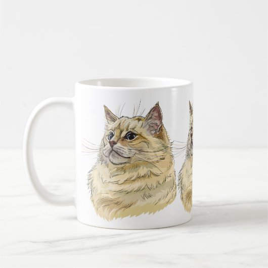 Hand zeichne lustige, flauschige Ragdoll-Katze Kaffeetasse (Links)