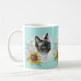 Hand zeichne lustige niedliche Thai Katze mit Blum Kaffeetasse
