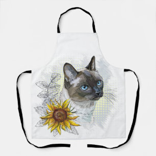 Hand zeichne lustige niedliche Thai Katze mit Blum Schürze