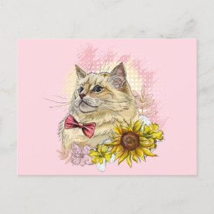 Hand zeichne lustige Red Ragdoll Katze mit Blume Postkarte