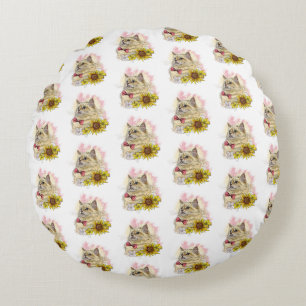 Hand zeichne lustige Red Ragdoll Katze mit Blume Rundes Kissen