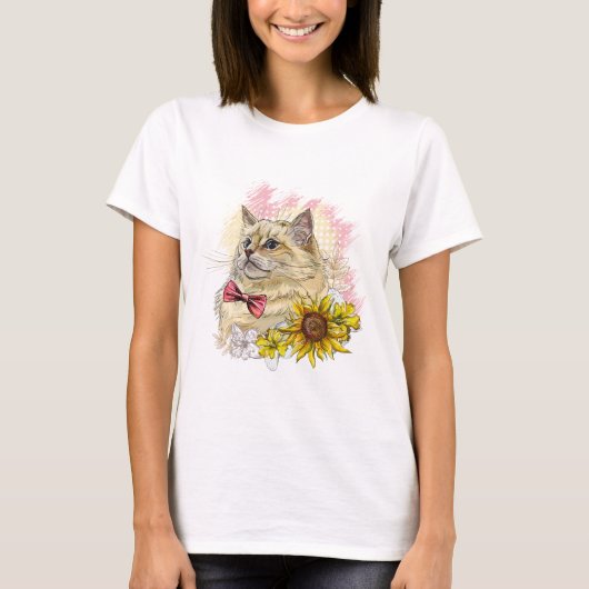 Hand zeichne lustige Red Ragdoll Katze mit Blume T-Shirt (Vorderseite)