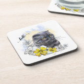 Hand zeichne lustige Schwarzbrikkatze mit Blume Getränkeuntersetzer (Linke Seite)