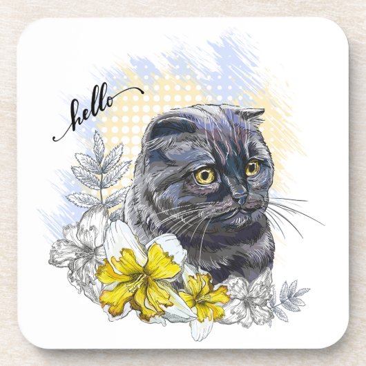 Hand zeichne lustige Schwarzbrikkatze mit Blume Getränkeuntersetzer (Vorderseite)