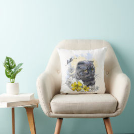 Hand zeichne lustige Schwarzbrikkatze mit Blume Kissen