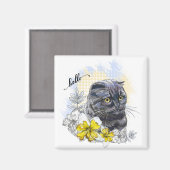 Hand zeichne lustige Schwarzbrikkatze mit Blume Magnet (Vorderseite/Rückseite)