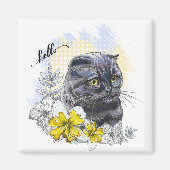 Hand zeichne lustige Schwarzbrikkatze mit Blume Magnet (Vorne)