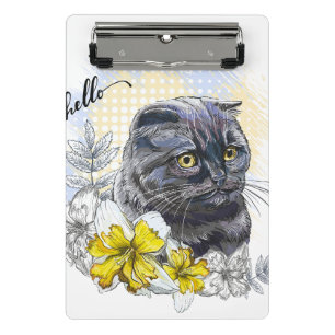 Hand zeichne lustige Schwarzbrikkatze mit Blume Mini Klemmbrett