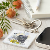 Hand zeichne lustige Schwarzbrikkatze mit Blume Schlüsselanhänger (Vorderseite rechts)