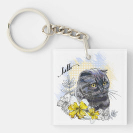 Hand zeichne lustige Schwarzbrikkatze mit Blume Schlüsselanhänger