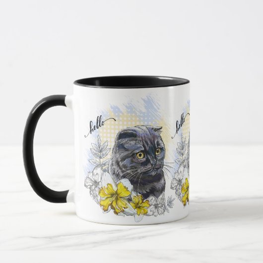 Hand zeichne lustige Schwarzbrikkatze mit Blume Tasse (Links)