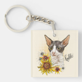 Hand zeichnend Cornish Rex Katze mit Sonnenblumens Schlüsselanhänger