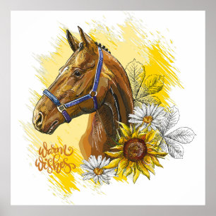 Hand zeichnend Pferd mit Pflanze und Blume werfen Poster