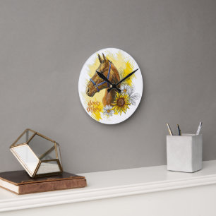 Hand zeichnend Pferd mit Pflanze und Blume werfen Runde Wanduhr
