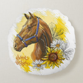 Hand zeichnend Pferd mit Pflanze und Blume werfen Rundes Kissen