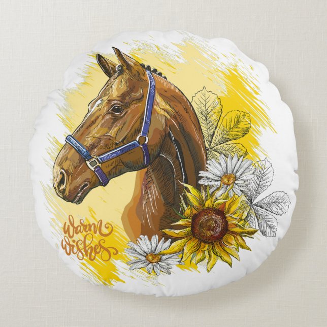 Hand zeichnend Pferd mit Pflanze und Blume werfen Rundes Kissen (Vorderseite)