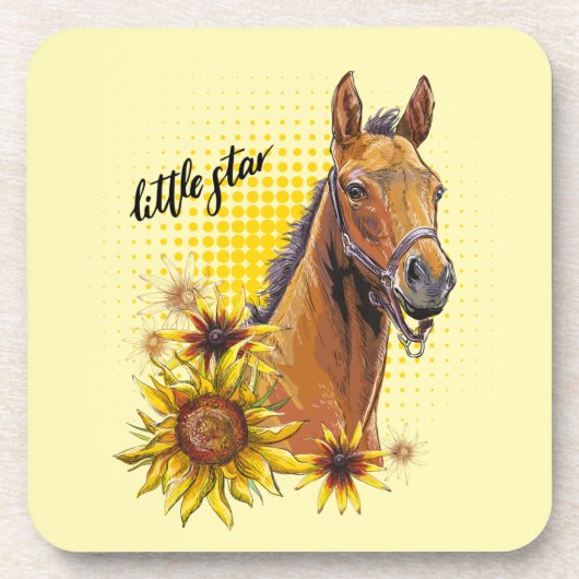 Hand zeichnend Pferd mit Sonnenblumen werfen Kisse Getränkeuntersetzer (Vorderseite)