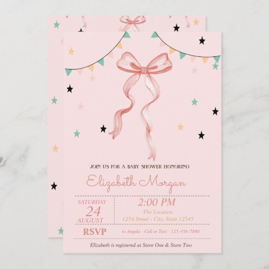Hand Zeichnend Pink Bow Stars Babydusche Einladung (Vorne/Hinten)