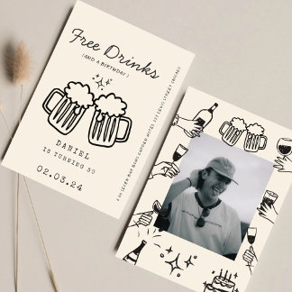 Hand zeichnend Quirky FunnyFree Drinks 30. Geburts Einladung