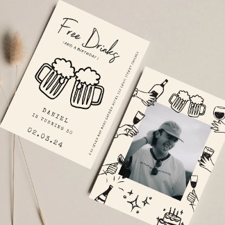 Hand zeichnend Quirky FunnyFree Drinks 30. Geburts Einladung