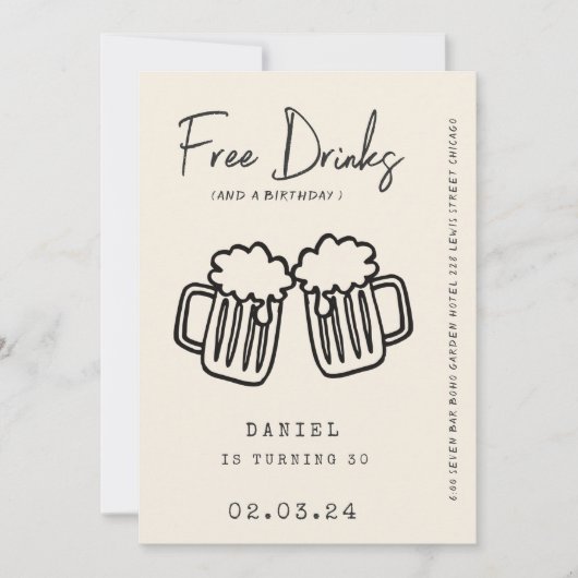 Hand zeichnend Quirky FunnyFree Drinks 30. Geburts Einladung (Vorderseite)