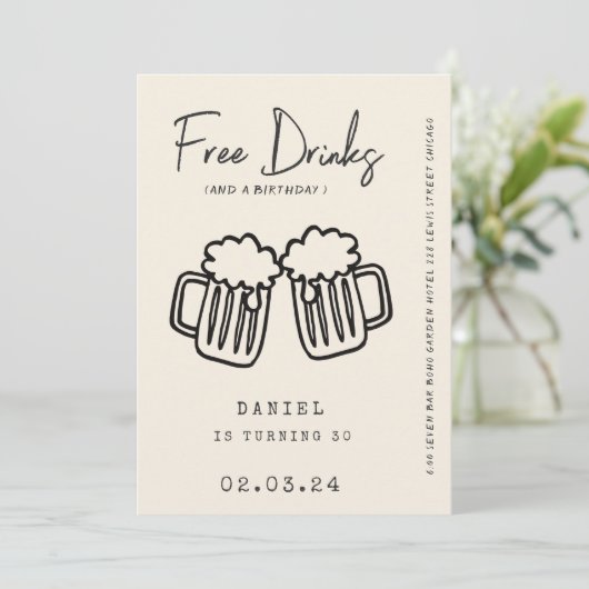 Hand zeichnend Quirky FunnyFree Drinks 30. Geburts Einladung (Stehend Vorderseite)