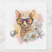 Hand zeichnend Sphynxkatze mit Blume Square Sticke Weinetikett (Einzelnes Label)