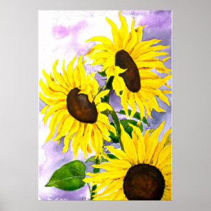 handbemalte 3 gelbe Sonnenblumen Aquarell Poster