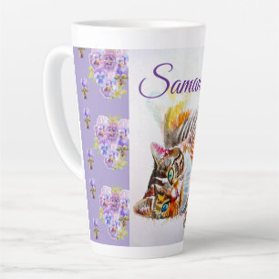 Handbemalte lila getigerte Katzen Latte Tasse Mädc