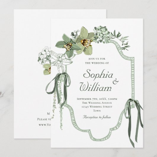 Handbemalte Salbei-grüne Orchideen Hochzeitseinlad Einladung (Vorne/Hinten)