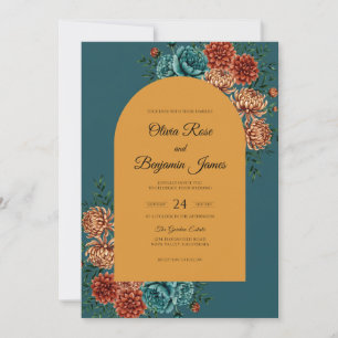 Handbemalte Teal-Ocker-Dahlie Hochzeit Einladung