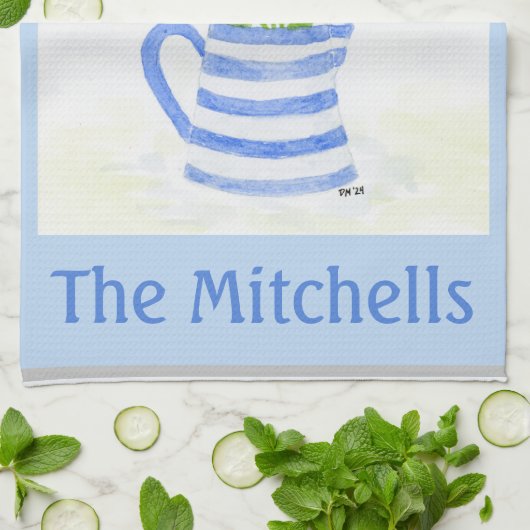 Handbemalte Wasserfarbentücher, Blauer Streifen-Pi Geschirrtuch (Gefaltet)