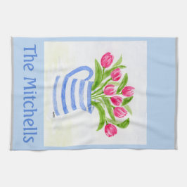 Handbemalte Wasserfarbentücher, Blauer Streifen-Pi Geschirrtuch