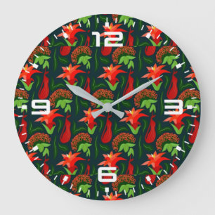 Handbemaltes exotisches rotes Blumenmuster-15541 Große Wanduhr