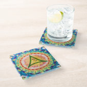 Handbemaltes Wasserfarben-Om-Mandala Glasuntersetzer (Schrägansicht)