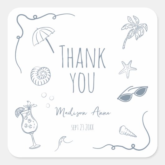 HandDrawn Beach Doodle Thank You Bridal Shower Quadratischer Aufkleber (Vorderseite)