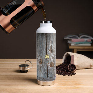 Handdrucke Vögel auf Holzkarten mit Herbstleaf Trinkflasche