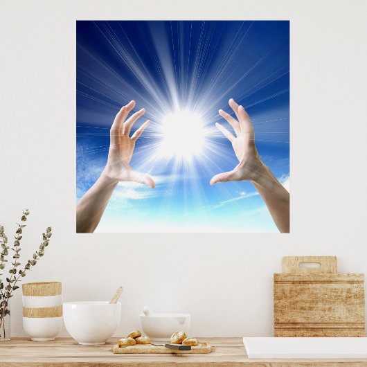 Hände auf blauem Hintergrund, Reiki, Chakra Poster (Küche)