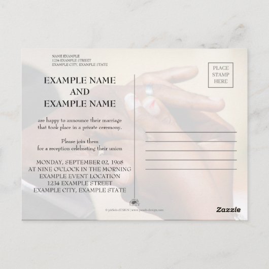 Hände eines Ehepaares mit Ring Postkarte (Rückseite)