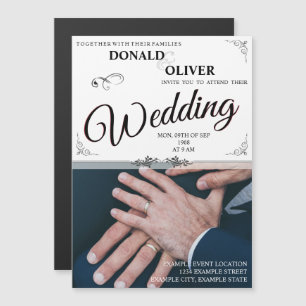 Hände eines schwulen Hochzeitspaares mit Ringen Magneteinladung
