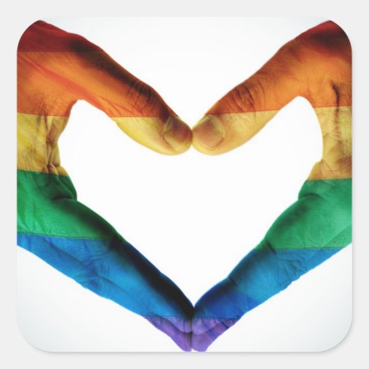 Hände gemalt als Regenbogenherz Quadratischer Aufkleber (Vorderseite)