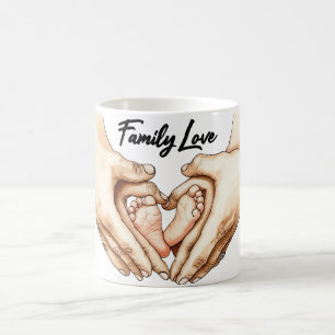 Hände halten Babyfüße Kaffeetasse