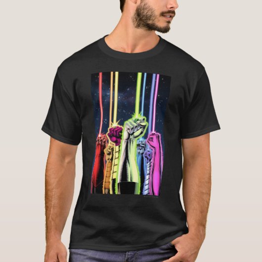 Hände in der Luft mit Ringen - Farbe T-Shirt (Vorderseite)