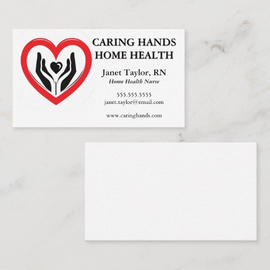 Hände in einer Herz-Zuhause-Krankenversorgung Visitenkarte (Vorne/Hinten)